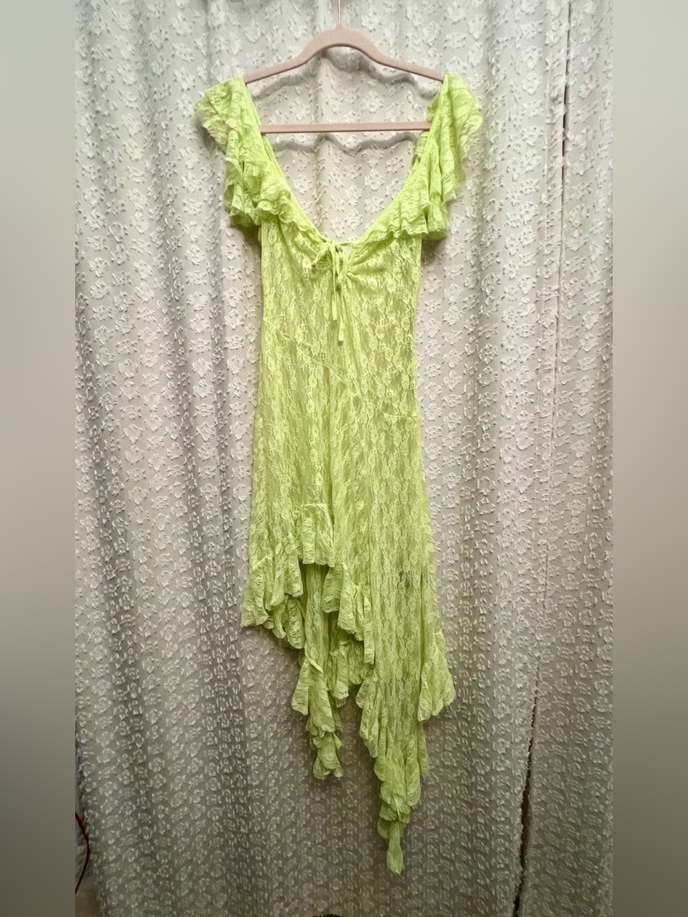 Urban Outfitters Small Chiara Sheer Lace Asymmetrical Midi Dress Green Chartreu